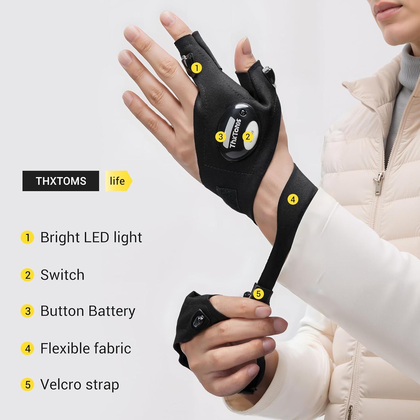LED Flashlight Gloves, Gifts for Him Men Boyfriend Husband, Mens Gifts for Fathers Day Christmas Birthday, Cool Gadgets Tools for Fishing, Repairing, Camping, 1 Pair Black | Cool Gadget Hands-Free Finger Lights for Camping Fishing Repairing, Stocking Stuffer Christmas Birthday Gift, Black