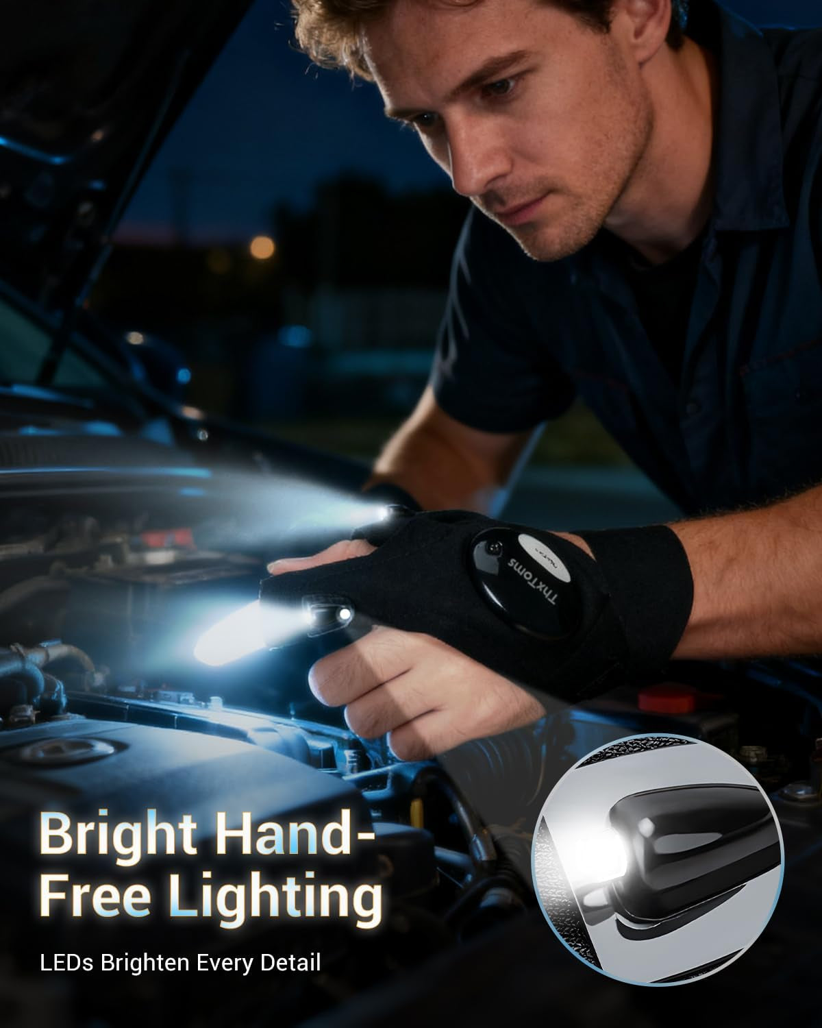 LED Flashlight Gloves, Gifts for Him Men Boyfriend Husband, Mens Gifts for Fathers Day Christmas Birthday, Cool Gadgets Tools for Fishing, Repairing, Camping, 1 Pair Black | Cool Gadget Hands-Free Finger Lights for Camping Fishing Repairing, Stocking Stuffer Christmas Birthday Gift, Black