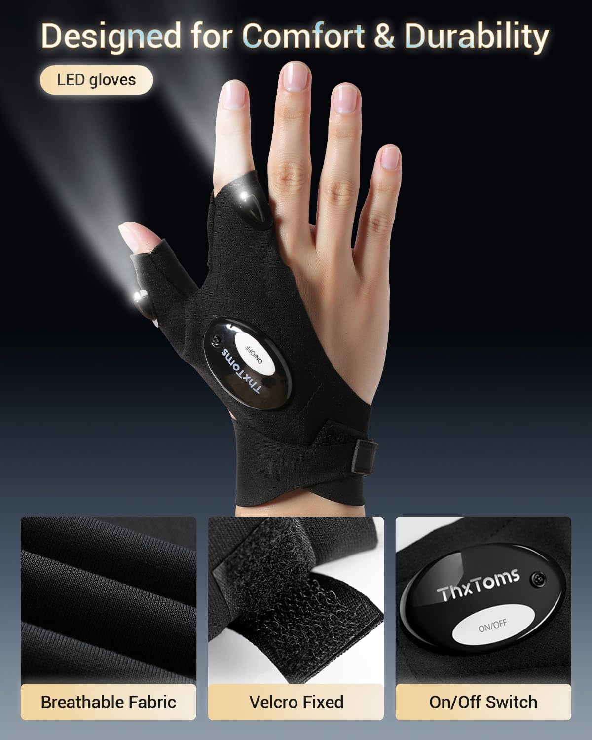 LED Flashlight Gloves, Gifts for Him Men Boyfriend Husband, Mens Gifts for Fathers Day Christmas Birthday, Cool Gadgets Tools for Fishing, Repairing, Camping, 1 Pair Black | Cool Gadget Hands-Free Finger Lights for Camping Fishing Repairing, Stocking Stuffer Christmas Birthday Gift, Black