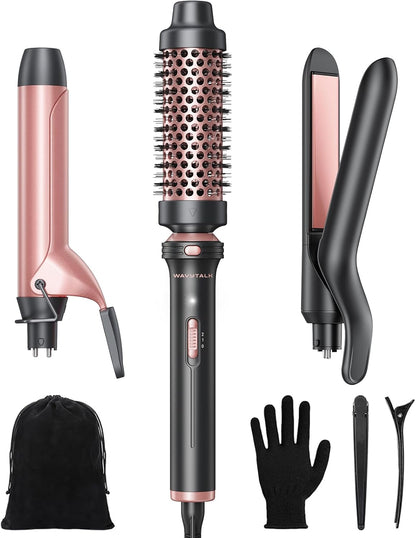 3 in 1 Curling Wand Set, Multi Curl, Curling Iron Set with Heated round Brush, Flat Iron Hair Straightener, 1 1/4 Inch Curling Iron, Dual Voltage Hair Curler