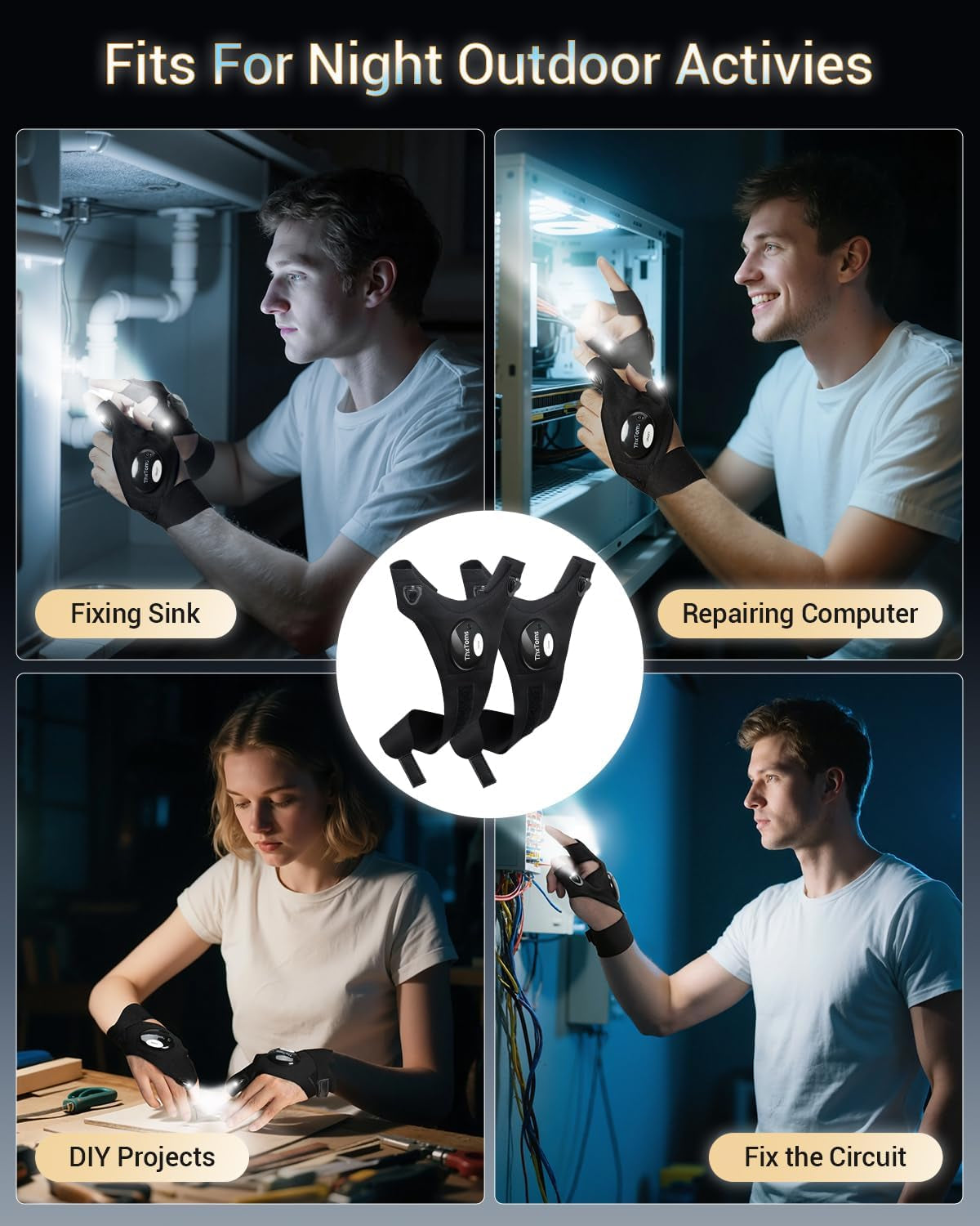 LED Flashlight Gloves, Gifts for Him Men Boyfriend Husband, Mens Gifts for Fathers Day Christmas Birthday, Cool Gadgets Tools for Fishing, Repairing, Camping, 1 Pair Black | Cool Gadget Hands-Free Finger Lights for Camping Fishing Repairing, Stocking Stuffer Christmas Birthday Gift, Black