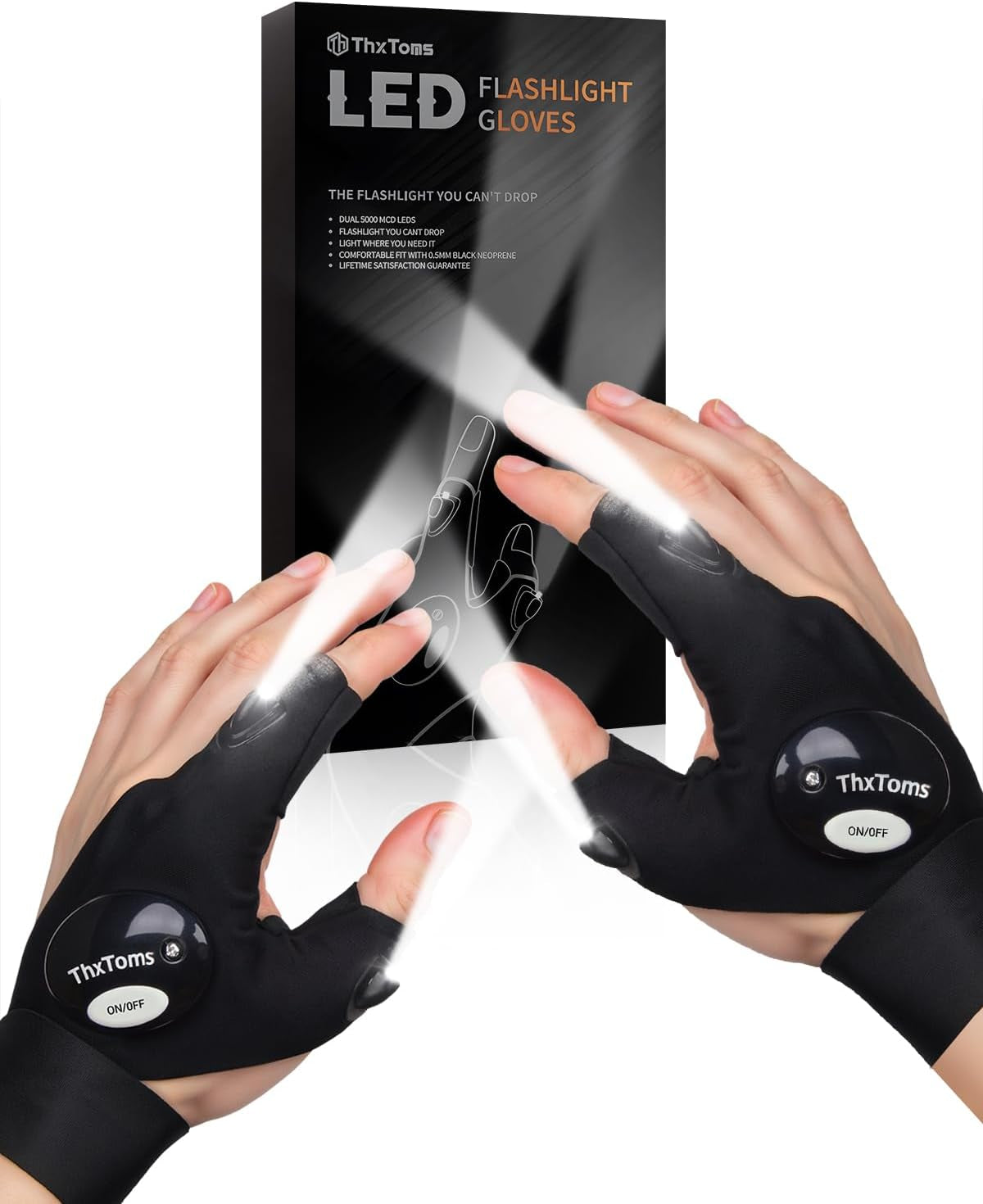 LED Flashlight Gloves, Gifts for Him Men Boyfriend Husband, Mens Gifts for Fathers Day Christmas Birthday, Cool Gadgets Tools for Fishing, Repairing, Camping, 1 Pair Black | Cool Gadget Hands-Free Finger Lights for Camping Fishing Repairing, Stocking Stuffer Christmas Birthday Gift, Black