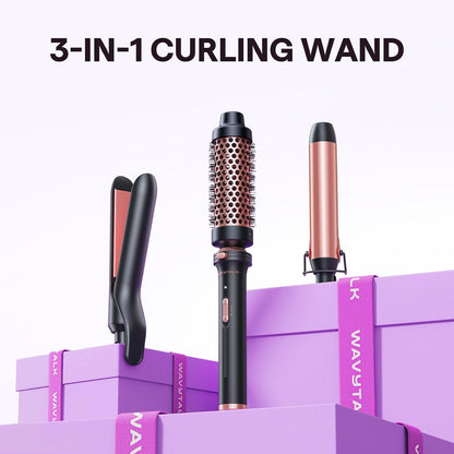 3 in 1 Curling Wand Set, Multi Curl, Curling Iron Set with Heated round Brush, Flat Iron Hair Straightener, 1 1/4 Inch Curling Iron, Dual Voltage Hair Curler