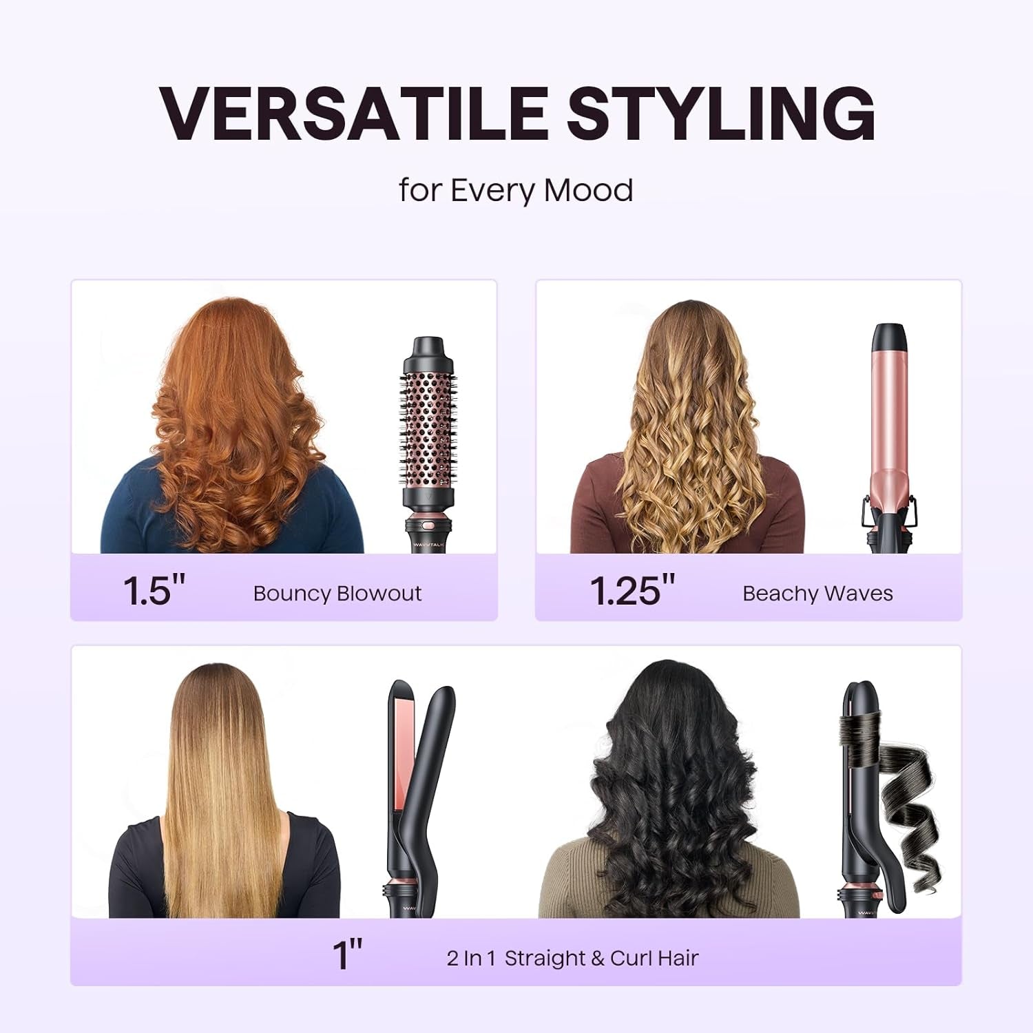3 in 1 Curling Wand Set, Multi Curl, Curling Iron Set with Heated round Brush, Flat Iron Hair Straightener, 1 1/4 Inch Curling Iron, Dual Voltage Hair Curler